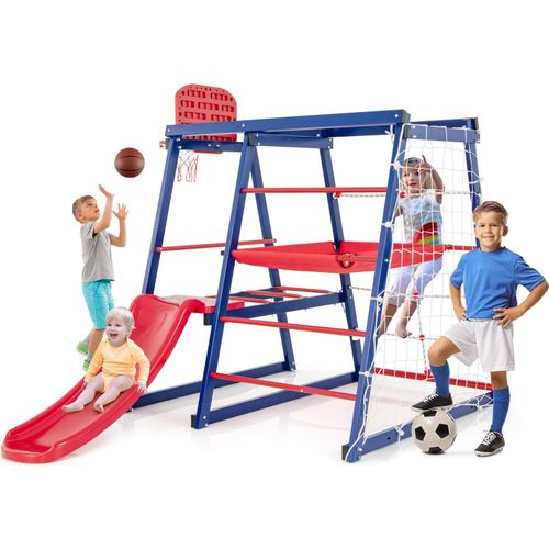 COSTWAY Klettergerüst Outdoor, 7in1 Spielplatz mit Rutsche, Kletter- & Strickleiter, Fußballnetz, Basketballkorb für 3-4 Kinder 150x142x146cm