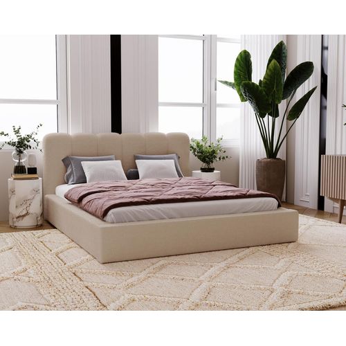Diana Polsterbett 140x200 Boucle, Doppelbett mit Bettkasten, Lattenrost, Kopfteil - Polsterbett Beige (Anthology 3)