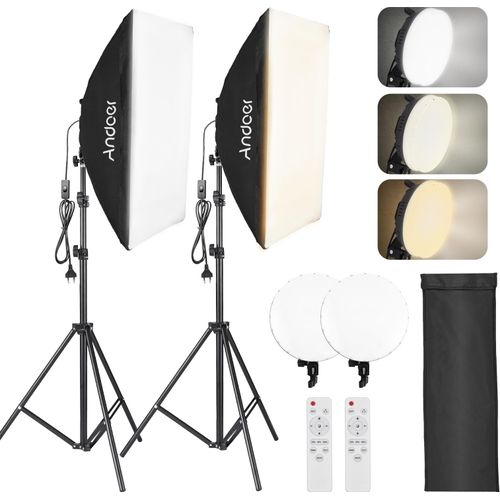 Andoer Studio-Fotografie-Licht-Set, Softbox-Beleuchtungsset mit 50 x 70 cm Softbox *2 + 80 W zweifarbiges LED-Videolicht *2 + Metall-Lichtstative *2 + Fernbedienung *2 fuer Studio-Portrait-Produktfotografie, Live-Streaming-Videoaufzeichnung