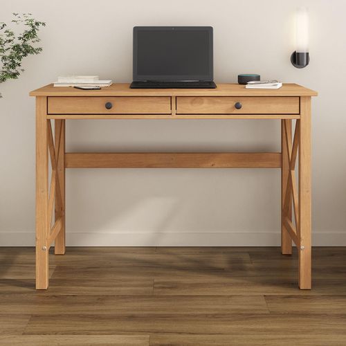 Schreibtisch ADRIAN aus Massivholz, eichefarben - Home Office Tisch mit 2 Schubladen und Metallgriffe, Ideal als Bürotisch oder Computertisch für Arbeitszimmer, moderner Landhausstil
