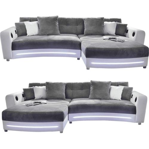 MULTIMEDIA-ECKSOFA Couch mit RGB-LED Bluetooth Soundsystem USB in Grau / Weiß / 15410