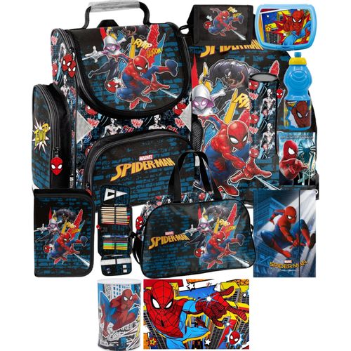 12tlg Spiderman Schulranzen set Rucksack Federtasche Sportbeutel Trinkflasche Brotdose Reisetasche Brieftasche Notizbuch Einschlagmappe Schlamperta