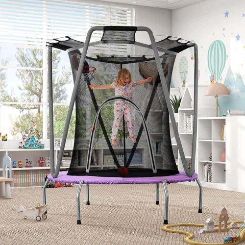 AIORBER Kindertrampolin, mit Netz,Basketballkorb,aus verzinktem Stahl,mit Schutzmatte,trampoline,Zwei-Wege-Reißverschluss-Design, 147x147x157cm, Grau