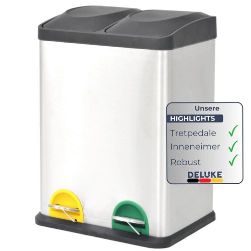 DELUKE® Mülleimer 2 Fächer Edelstahl - 2x 18L Inneneimer herausnehmbar | Pedaleimer Tretmülleimer Küche Abfalleimer mit Deckel Müllbehälter Kücheneimer Treteimer Büro