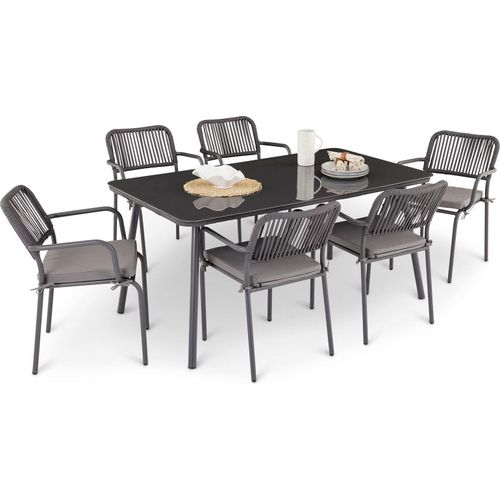 Gartenmöbel Set VOLONTE 1 Tisch 6 Stühle, Grau – Wetterfeste Sitzgruppe mit Glasplatte & Rope-Bespannung für Garten Terrasse Balkon