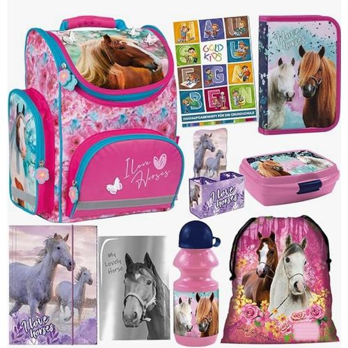Schulranzen für Jungen und Mädchen, 9er-Set - Schul-Rucksack für Kinder mit Federmäppchen - Schuhbeutel Sammelmappe und Hausaufgabenheft - Pferd Motiv