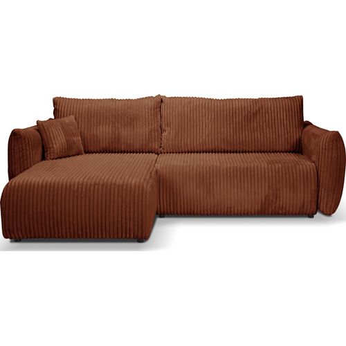 Ecksofa Atlanta mit Schlaffunktion und Bettkasten - Rechts oder Links - L-Form Taupe Schlafsofa mit Ottomane, Modernes Design - Couch Samt Cord für Wohnzimmer – Rostbraun, Braun - 257 x 88 x 177 cm