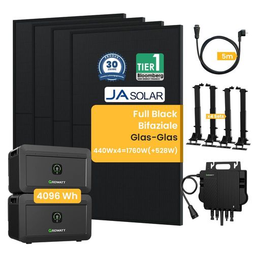 Balkonkraftwerk mit Speicher und Halterung, 4096Wh Growatt NOAH 2000 mit Jasolar 1760W(+528W) Bifaziale Solarmodule und NEO800W für Balkonkraftwerk