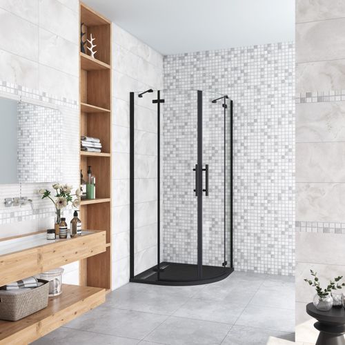 Schwarz 90x90cm Viertelkreis Duschkabine Runddusche Falttür Duschwanne H:195cm