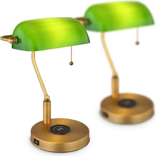 Tischlampe Wohnzimmer LED Tischleuchte Messing 2er Set Banker Lampe Retro Grün