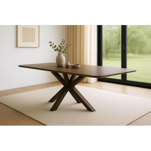 Esstisch 220 x 100 cm Akazie kastanienfarbig Schweizer Kante & abgerundete Ecken Spider-Gestell Holz kastanienfarbig ROBERTO