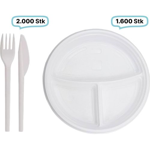 SET: Menüteller & Besteck, Mehrwegbesteck, 1600x Teller & 2000x Besteck, weiß, robust, , verschiedene Varianten : Variante - 3-geteilt Variante: 3-geteilt