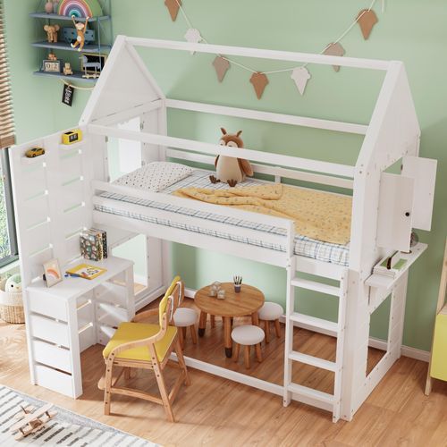 Kinderzimmer-Treppenbett mit Schutzgitter, Schreibtisch, Regal, weiß, 90x200cm