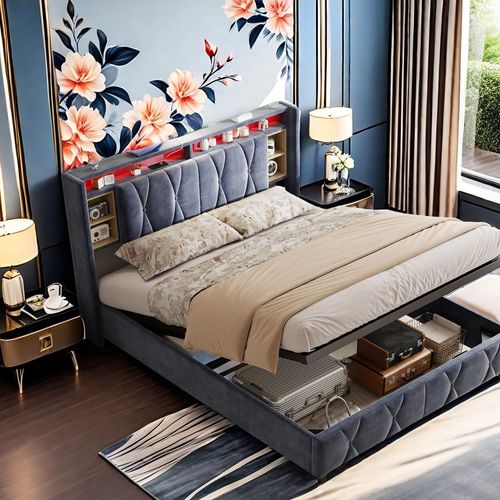 UnboxG LED-Polsterbett 160X200 cm, Bett mit Großer Stauraum & Lattenrost, Bettgestell Metall Boxspringbett, Polster Kopfteil mit Regal und USB-Ladeanschluss, Samt, Grau