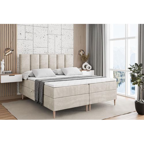 ALTDECOR Boxspringbett mit Holz Füßen, Matratze und Lattenrost, Boxbett, Topper, Polsterbett mit Bettkasten, Bett mit Stauraum H3-Matratze, Doppelbett - BOXI1-FD- 140x200 - Beige Monolith 04 Image