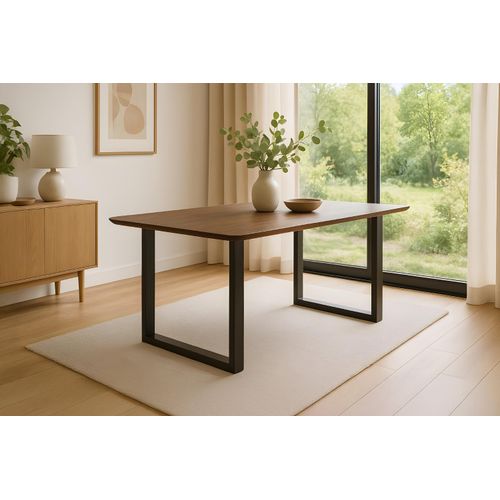 Esstisch 140 x 80 cm Akazie massiv kastanienfarben Schweizer Kante U-Gestell schwarz ROBERTO