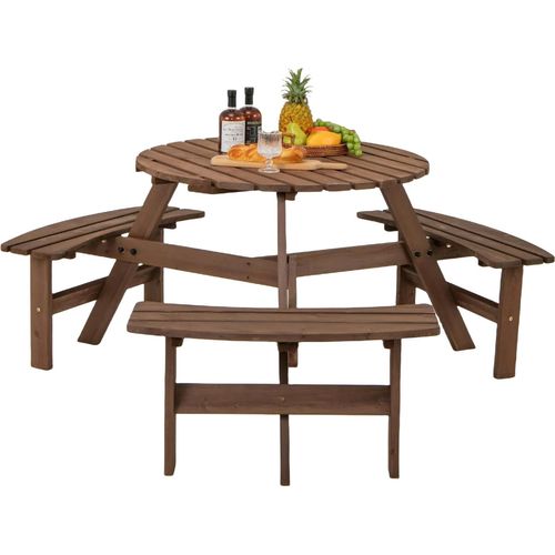 KOMFOTTEU Bierzeltgarnitur für 8 Personen, Picknicktisch Set aus Tannenholz mit 4 Bänken & Sonnenschirmloch, Gartenmöbel 179 x 70 cm, Gartengarnitur Sitzgarnitur für Terrasse, Camping (Braun)
