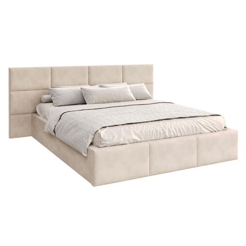 Bett DORIS 140x200 cm Polsterbett mit Lattenrost aus Metall Bettkasten Samt Trinity beige Wandpaneele