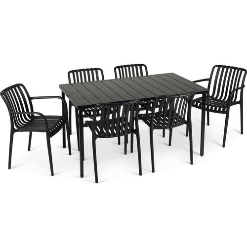 Gartenmöbel Set TULIPANO mit 1 Tisch & 6 Stühle in schwarz. Wetterfestes Aluminium & UV-beständiges Kunststoff. Outdoor Sitzgruppe für Terrasse & Balkon.