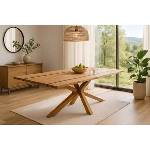 Esstisch 180 x 90 cm Akazie massiv natur mit schwarzen Resin-Adern Spider-Gestell Holz natur PETER
