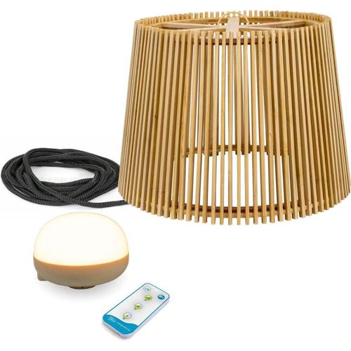 Akku Pendellampe außen LED Holz Metall Ø 39 cm rund IP54 Dimmer Fernbedienung 2700 K kabellose Außenlampe Balkon Terrasse Garten