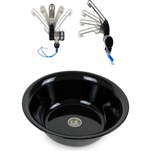 Edelstahl Spülbecken Spüle Waschbecken Camping 32cm Ø Dunkel Wohnmobil Camper + Wasserhahn