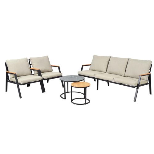 Gartenlounge-Set,Gartenmöbel-Set mit bequemen Kissen,3-Sitzer-Sofa,2 Sessel und 2 Couchtische,Marmor lackierte Glasplatte und Kunststoff-Holzplatte