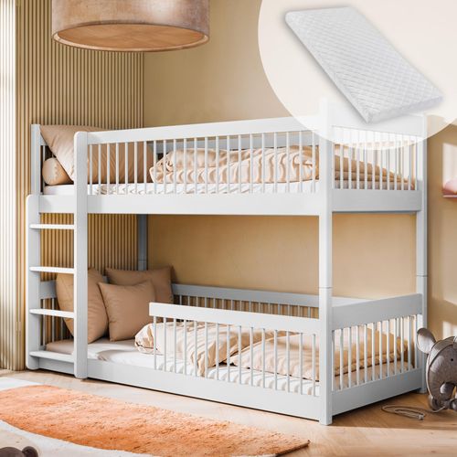 Kinderbett Hochbett Etagenbett 80x180 | 90x190 | 90x200 cm, mit abgerundeten Kanten und umbaubar zu 2 Betten 90x200 cm von 4. bis 18. Lebensjahr, Weiß mit 2 Matratzen