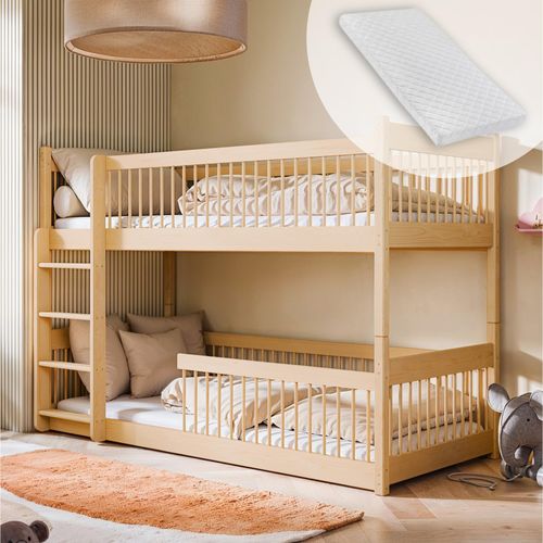 Kinderbett Hochbett Etagenbett 80x180 | 90x190 | 90x200 cm, mit abgerundeten Kanten und umbaubar zu 2 Betten 90x200 cm von 4. bis 18. Lebensjahr, Natur mit 2 Matratzen