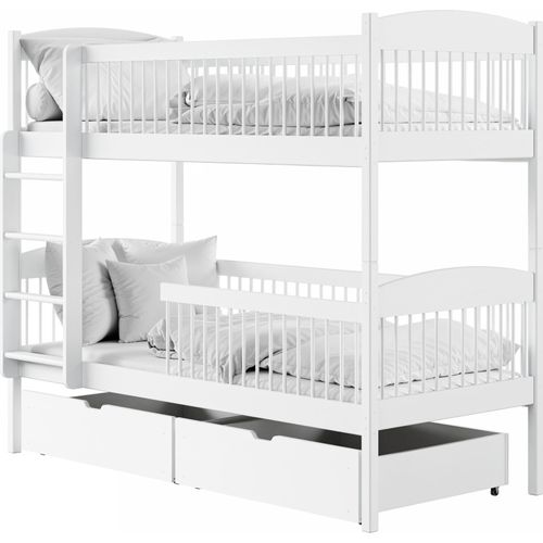 Hochbett Kinder, Etagenbett, Kinderbett | Inkl. 2 Matratzen, 2 Schubladen, sicher & funktional | Größen: 80x180, 90x190, 90x200 cm | 80x180 cm von 3. bis 12. Lebensjahr | Weiß