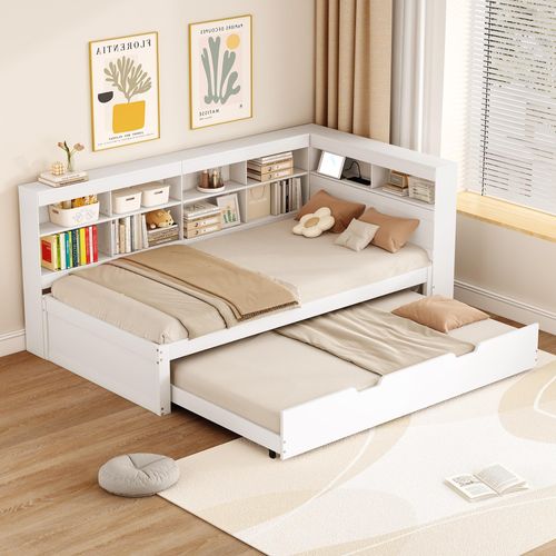 Ausziehbett 90x200, Bunk Bett mit Stauraum/USB-Steckdose Mehreren Ablagefächern Gästebett Doppelbett mit Stauschrank/Lattenrost, Ohne Matratze, Weiß