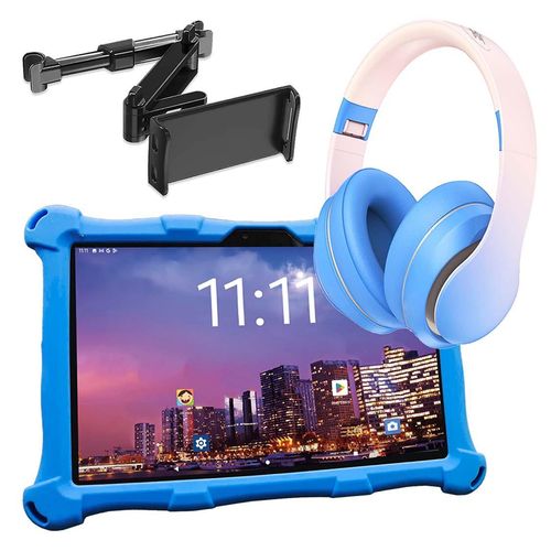 AngelTech Kindertablet XL PRO II Blau mit Kopfhörer und Tablet-Halterung