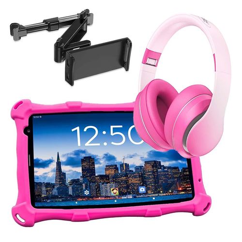AngelTech Kindertablet PRO MAX Rosa mit Kopfhörer und Tablet-Halterung