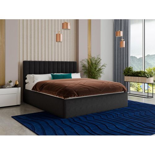 Polsterbett Ovo - Bettkasten mit Gasdruckfedern - Doppelbett mit Lattenrost, Bett mit Polsterkopfteil, Bettgestell, Schlafzimmer, Velvet Stoff (Schwarz (Kronos 07), 140 x 200 cm)