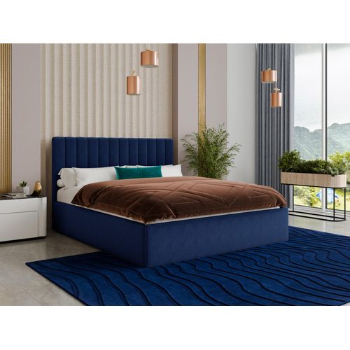 Polsterbett Ovo - Bettkasten mit Gasdruckfedern - Doppelbett mit Lattenrost, Bett mit Polsterkopfteil, Bettgestell, Schlafzimmer, Velvet Stoff (Blau (Kronos 09), 160 x 200 cm)