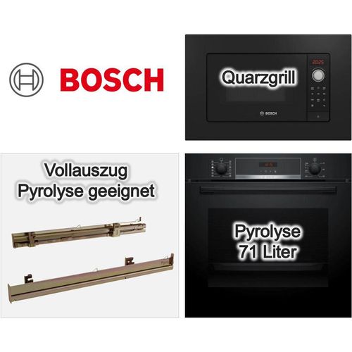 SET BOSCH Backofen Pyrolyse + Teleskopauszug Pyrolysegeeignet + Mikrowelle schwarz autark 60 cm