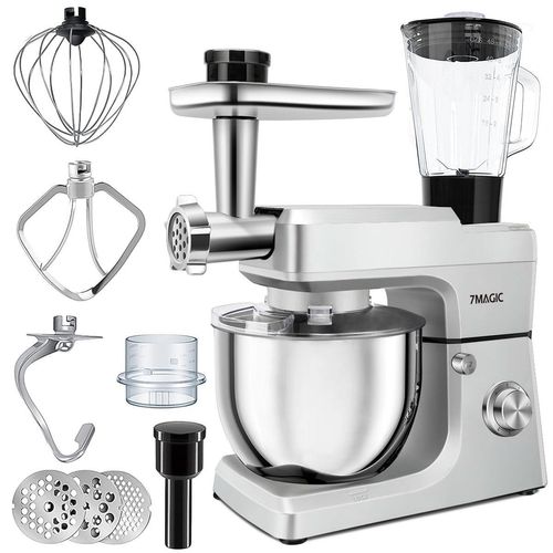7MAGIC 6-in-1 Küchenmaschine 1500W Mit Fleischwolf, 1,5L Entsafter, Gemüseschneider und Mehr Knetmaschine mit 7L Rührschüssel, Rührhaken, Knethaken, Schlagbesen, Silber