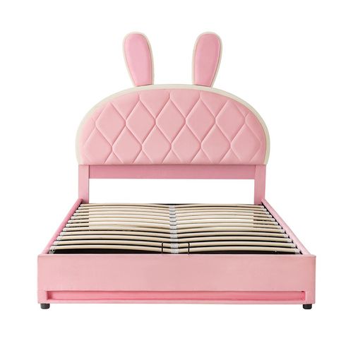 Kinderbett mit Lattenrost aus Metallrahmen und Stauraum Polsterbett Jugendbett Einzelbett Samt 140x200cm Rosa