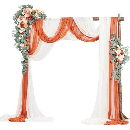 Hochzeitsbogen Deko Set mit Blumen - Traubogen mit 2x Blumenarrangements und 3x orange Vorhänge - Ideal für Hochzeit und Veranstaltungen
