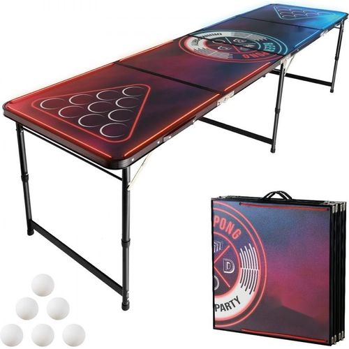 Bier Pong Tisch Set - Bierpong Trinkspiel Partytisch mit LED - 240cm Länge & Tragegriff - Ideal für Partys und Veranstaltungen