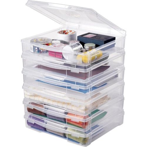 6er Set Aufbewahrungsboxen Scrapbook - Stapelbare Brettspielboxen aus Kunststoff mit Deckel - Ideal für Spiel- und Bastelzubehör