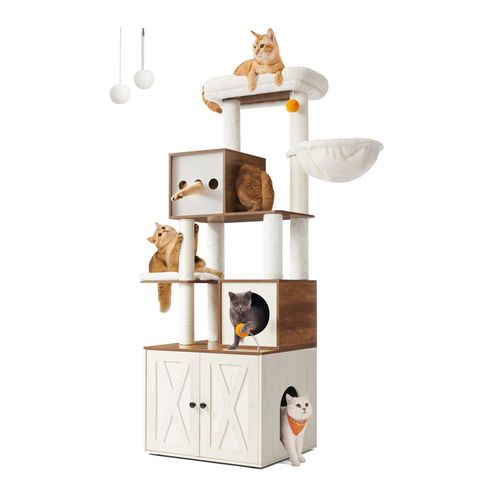Feandrea Kratzbaum, mit Katzenklo-Schrank, 185cm, Kratzsäule, waschbares Kissen, honigbraun