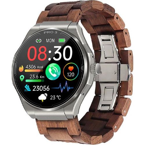 Elegante PRO 3 Smartwatch (2024) mit Echtholz-Armband: Dunkelbraun & Edelstahlgehäuse in Silber - Stil trifft Technologie