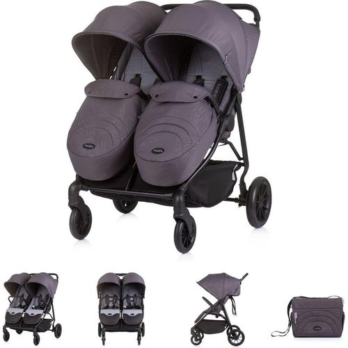 Chipolino Zwillingskinderwagen Top Stars, 77 cm breit, Wickeltasche, Fußsack dunkelgrau