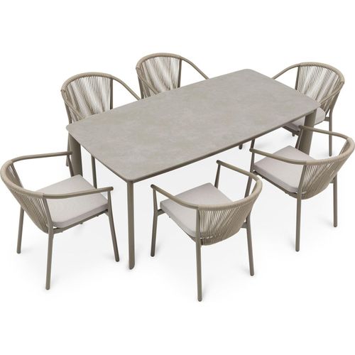 Gartenmöbel Set TAVOLO mit 6 Stühlen und Tisch, champagner - 180x90 cm Gartentisch mit Keramik- Platte, Outdoor Essgruppe, Stühle mit Rope Bespannung, wetterfest für Garten Terrasse & Balkon