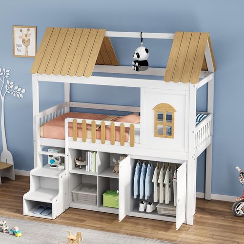 Kinderhochbett mit Schrank, Fenster, Schuhschrank & sicherer Treppe, weiß+natur, 90x200cm