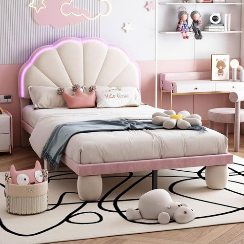 Kinderbett mit LED-Lichtstreifen, gepolstertem Kopfteil und stabilen Beinen, Beige-Rosa, 90x200cm