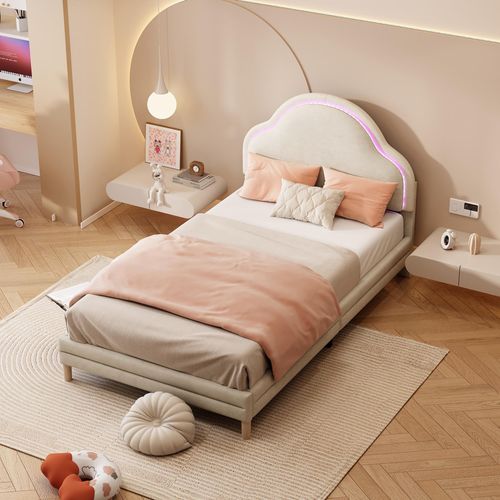 Kinderbett mit Wolkenkopfteil, LED-Lichteffekt, Samtbezug, 90x200cm, Beige
