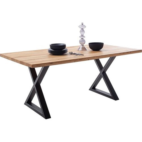 Massivholz-Esstisch 160x90 cm in Wildeiche massiv geölt mit X-Gestell und gerader Kante - DEWEY-06