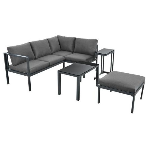 Gartenlounge-Set Schwarz Grau Gartenmoebel Set Mit Bequemen Kissen 3er Sofa 2 Sessel Couchtisch Outdoor Glastischplatte Gewebtes PE-Rattan Verzinkter